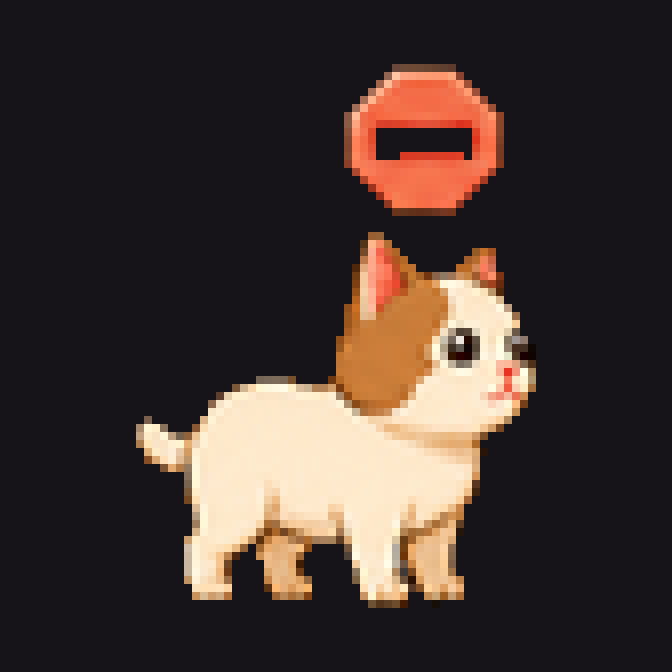 Cat standing with a red blocked badge
