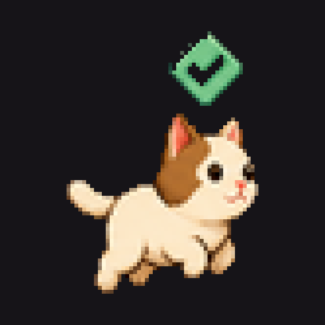 Cat hopping with a green check badge